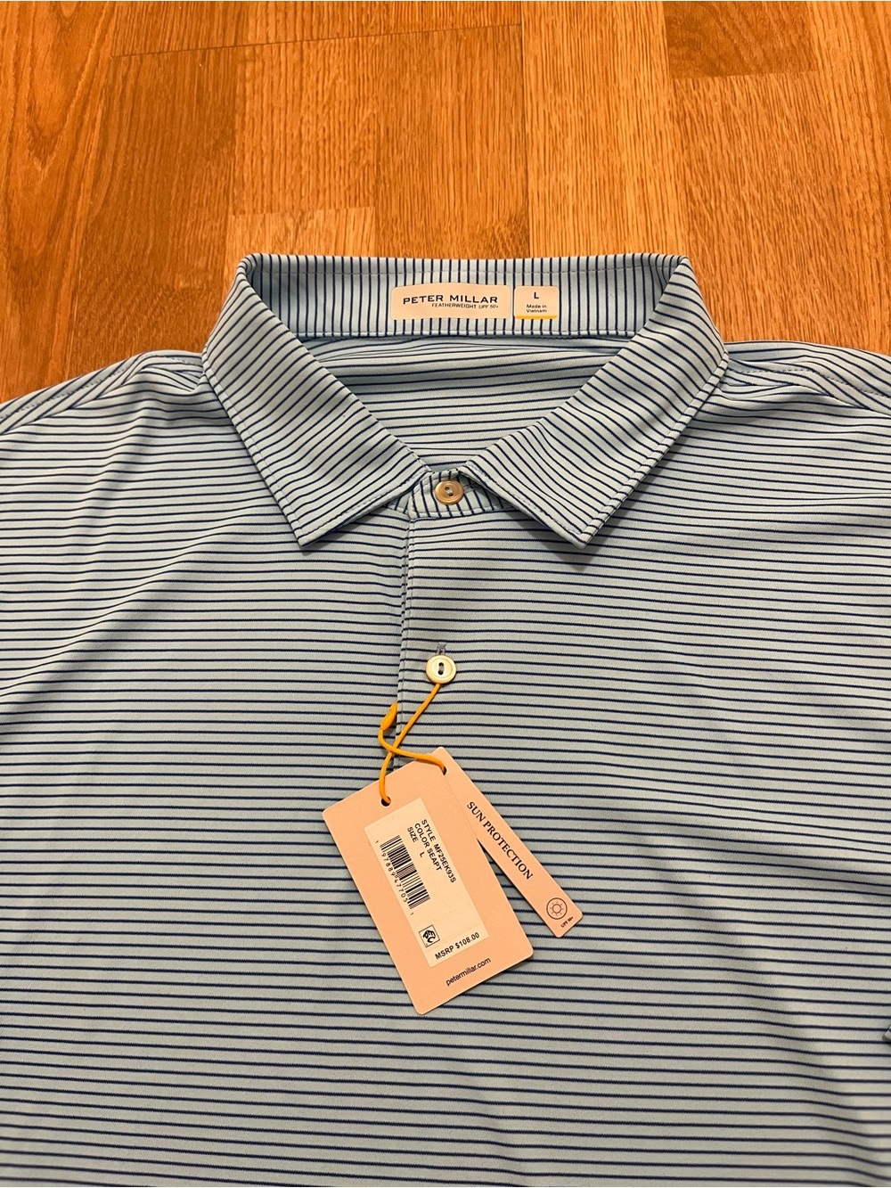 Peter Millar Featherweight UPF 50 Polo Shirt Men’s L Blue Stripe NWT - Picture 2 of 5